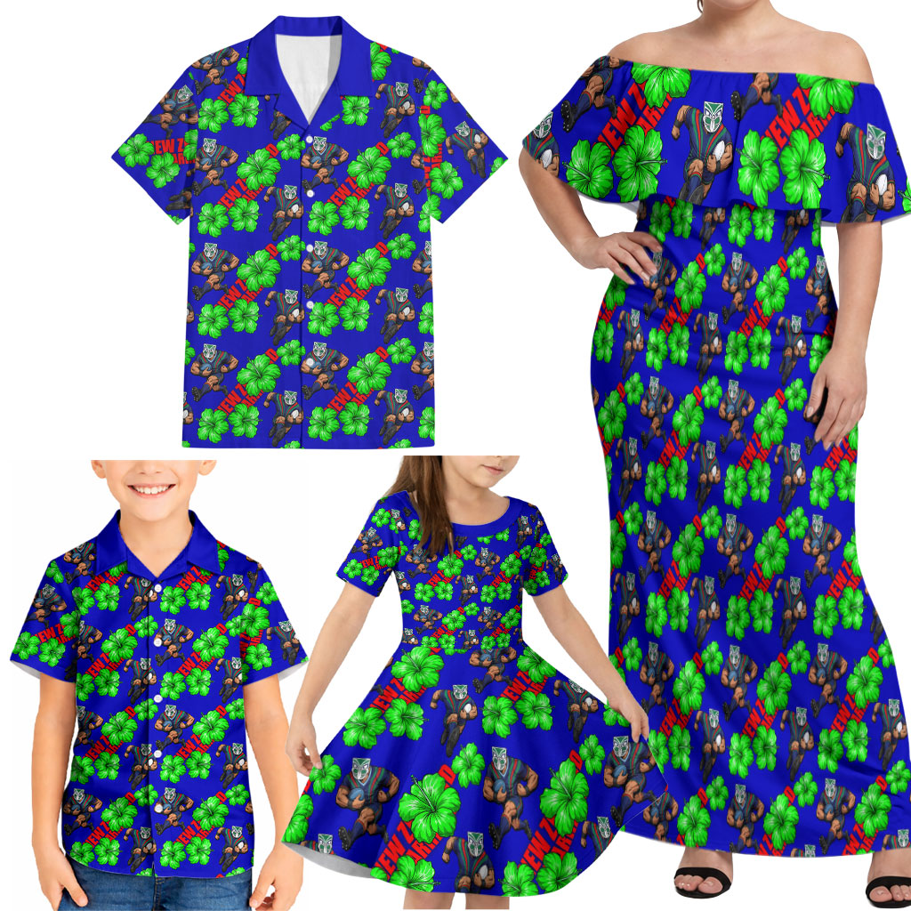 New Zealand Warriors Family Matching Off Shoulder Maxi Dress and Hawaiian Shirt Tropical Hibiscus Floral Seamless Rugby Mascot