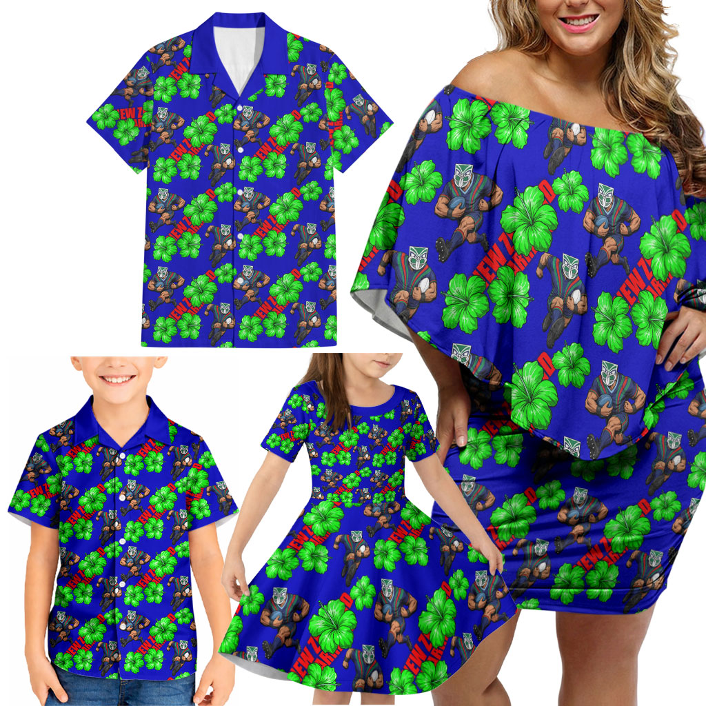 New Zealand Warriors Family Matching Off Shoulder Short Dress and Hawaiian Shirt Tropical Hibiscus Floral Seamless Rugby Mascot