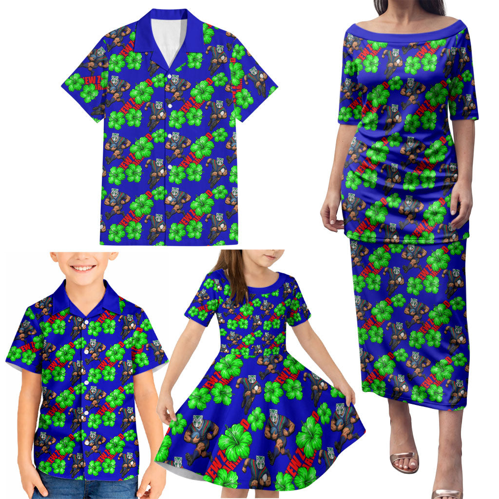 New Zealand Warriors Family Matching Puletasi and Hawaiian Shirt Tropical Hibiscus Floral Seamless Rugby Mascot