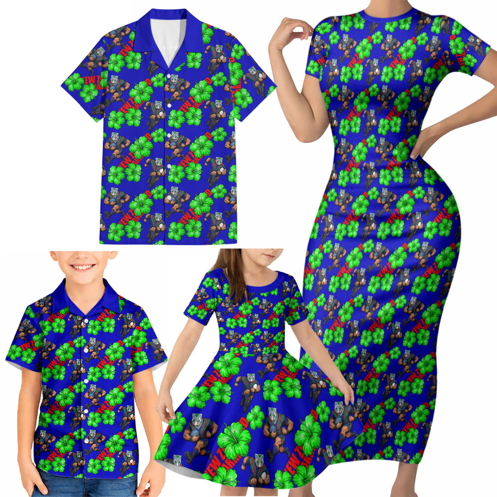 New Zealand Warriors Family Matching Short Sleeve Bodycon Dress and Hawaiian Shirt Tropical Hibiscus Floral Seamless Rugby Mascot