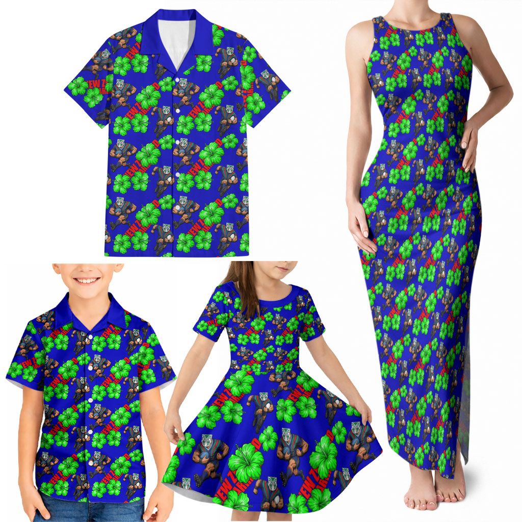New Zealand Warriors Family Matching Tank Maxi Dress and Hawaiian Shirt Tropical Hibiscus Floral Seamless Rugby Mascot
