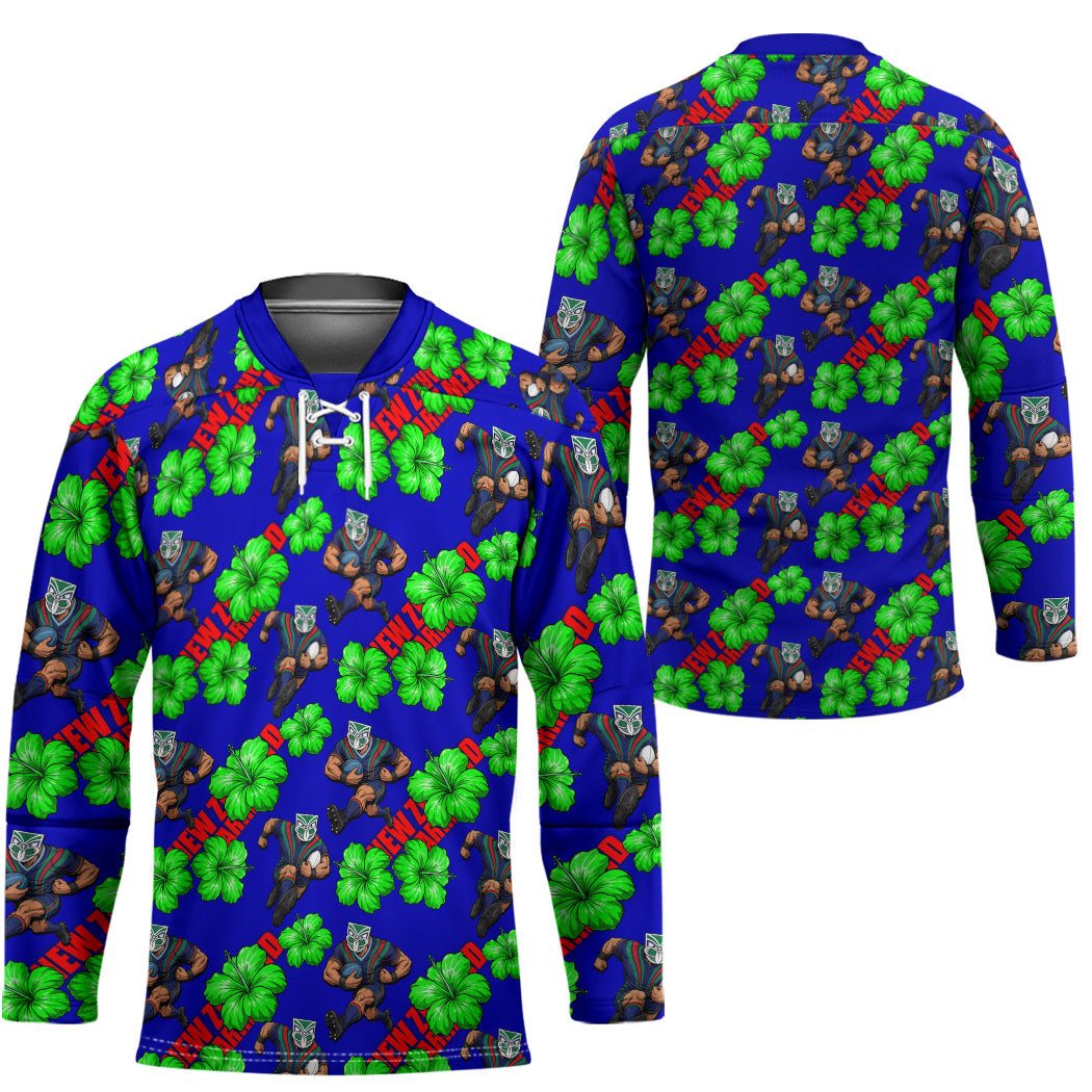 New Zealand Warriors Hockey Jersey Tropical Hibiscus Floral Seamless Rugby Mascot