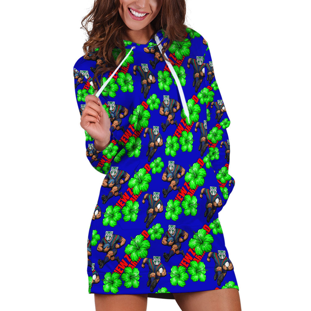 New Zealand Warriors Hoodie Dress Tropical Hibiscus Floral Seamless Rugby Mascot