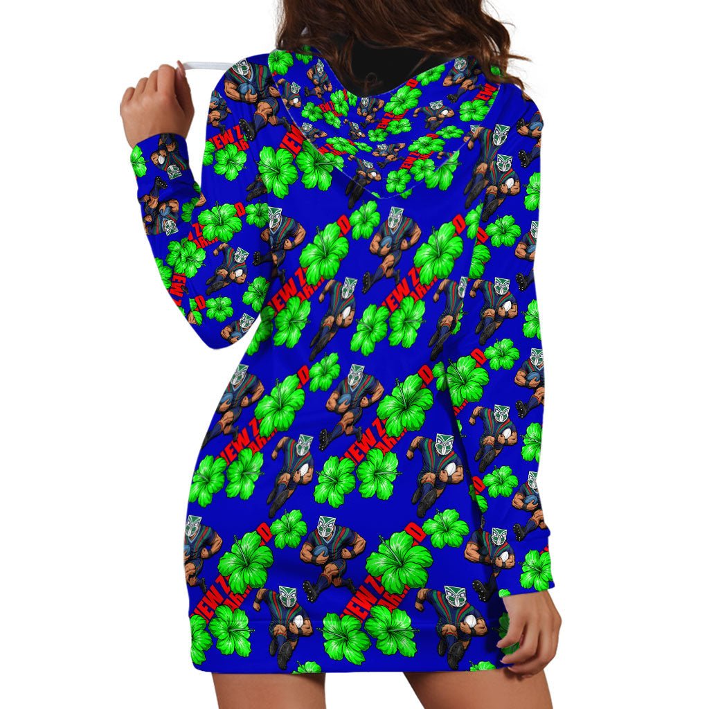 New Zealand Warriors Hoodie Dress Tropical Hibiscus Floral Seamless Rugby Mascot