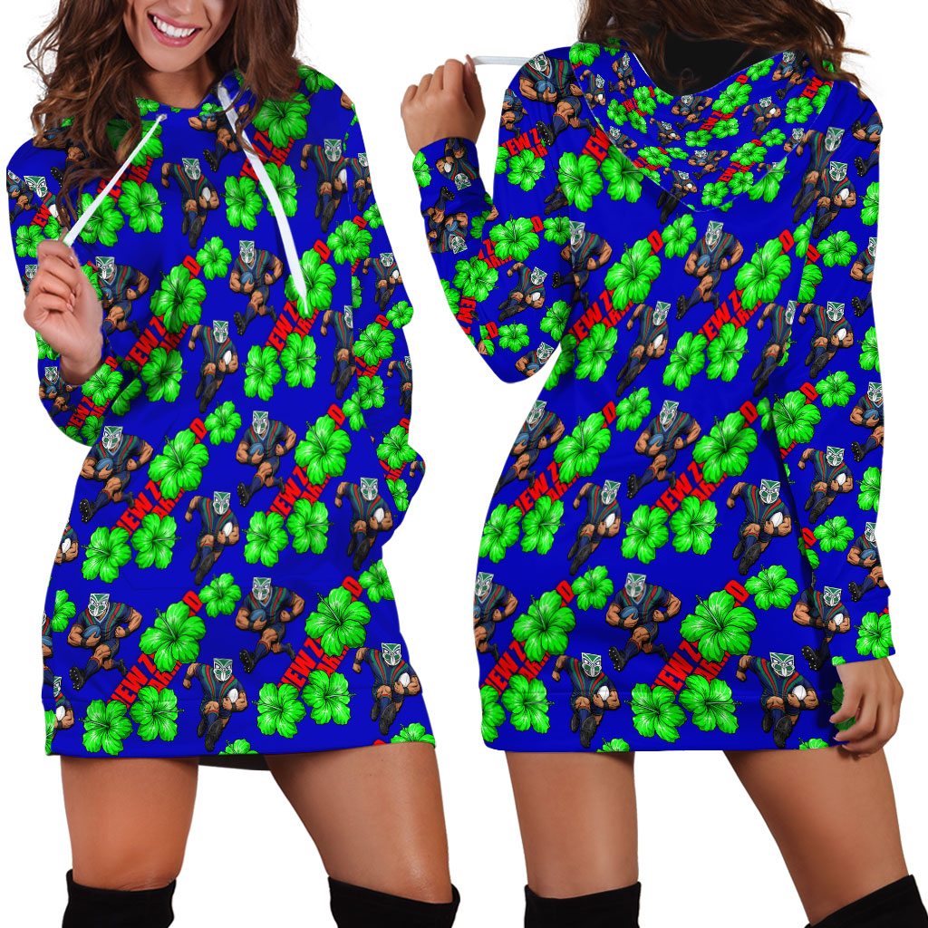 New Zealand Warriors Hoodie Dress Tropical Hibiscus Floral Seamless Rugby Mascot