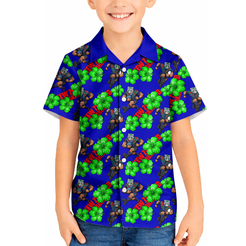 New Zealand Warriors Kid Hawaiian Shirt Tropical Hibiscus Floral Seamless Rugby Mascot