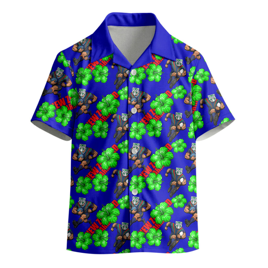 New Zealand Warriors Kid Hawaiian Shirt Tropical Hibiscus Floral Seamless Rugby Mascot
