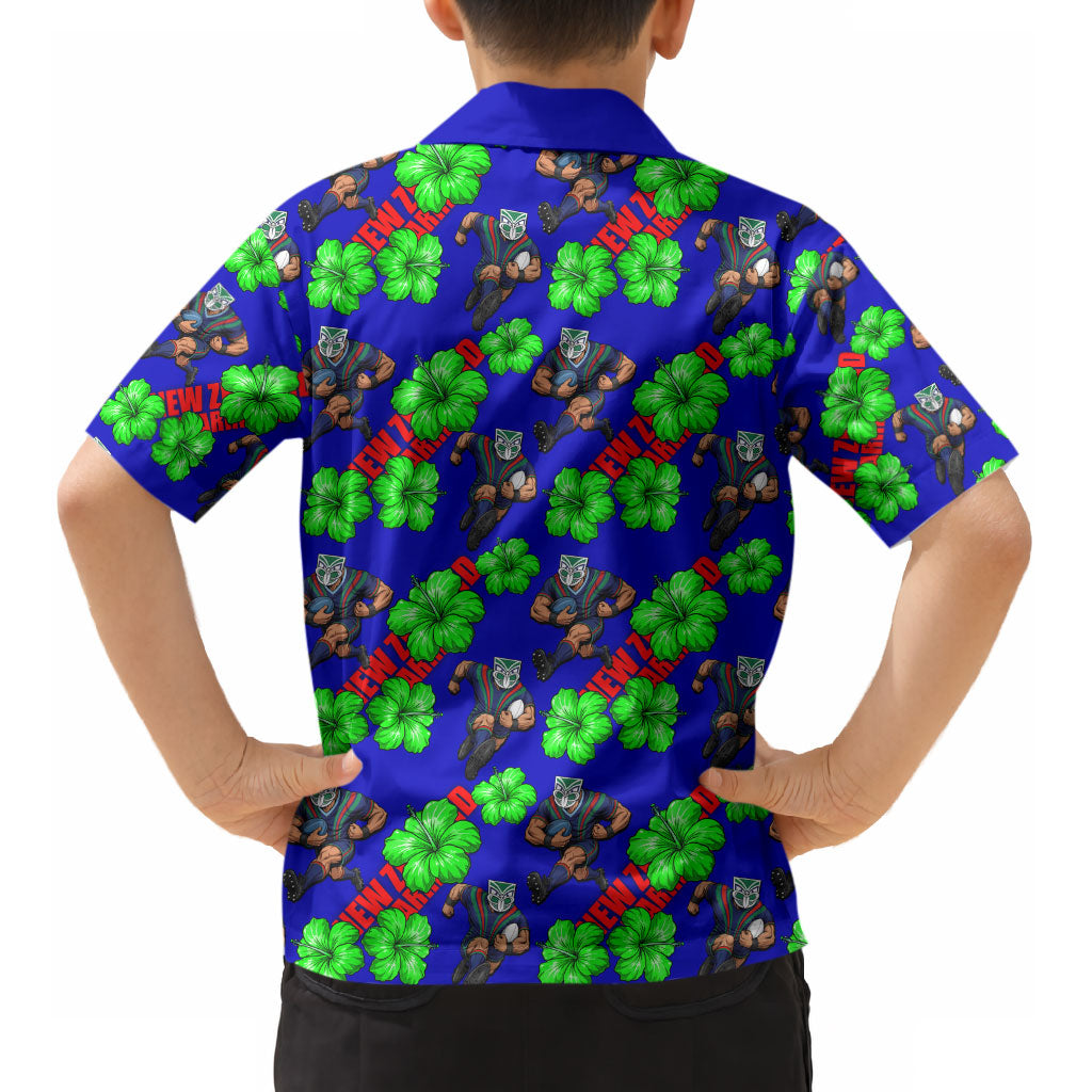New Zealand Warriors Kid Hawaiian Shirt Tropical Hibiscus Floral Seamless Rugby Mascot