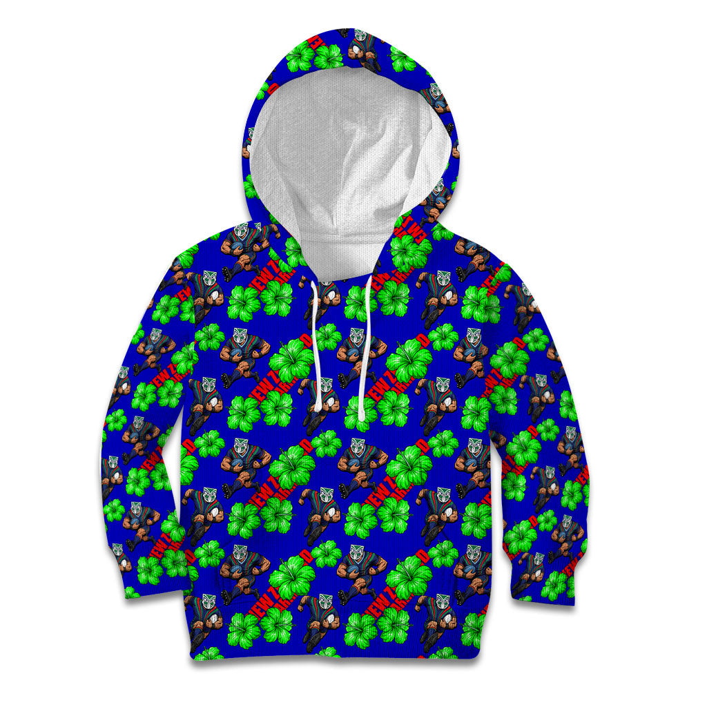 New Zealand Warriors Kid Hoodie Tropical Hibiscus Floral Seamless Rugby Mascot