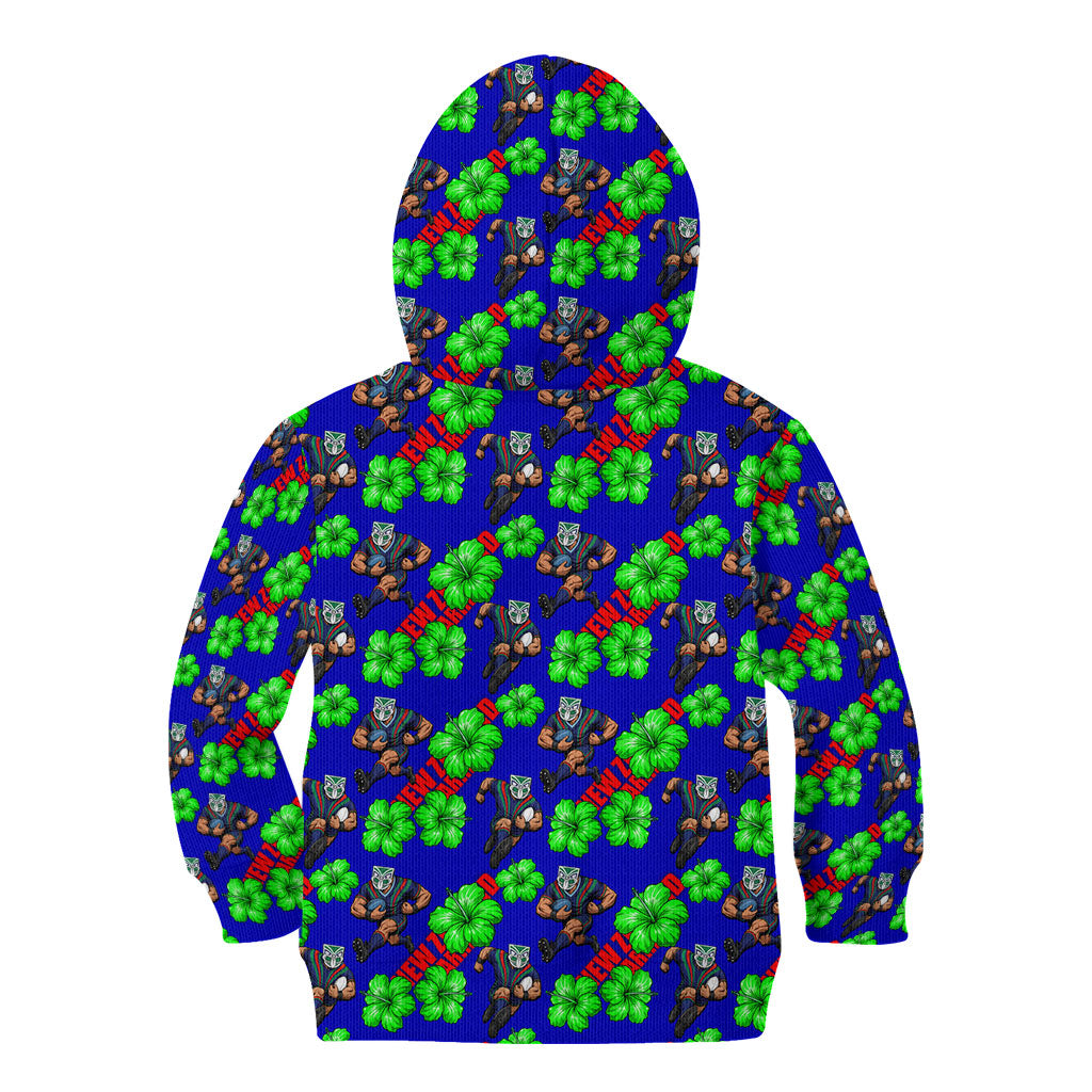 New Zealand Warriors Kid Hoodie Tropical Hibiscus Floral Seamless Rugby Mascot
