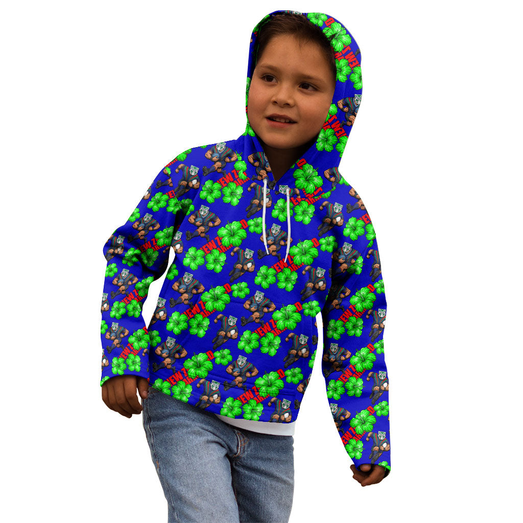 New Zealand Warriors Kid Hoodie Tropical Hibiscus Floral Seamless Rugby Mascot