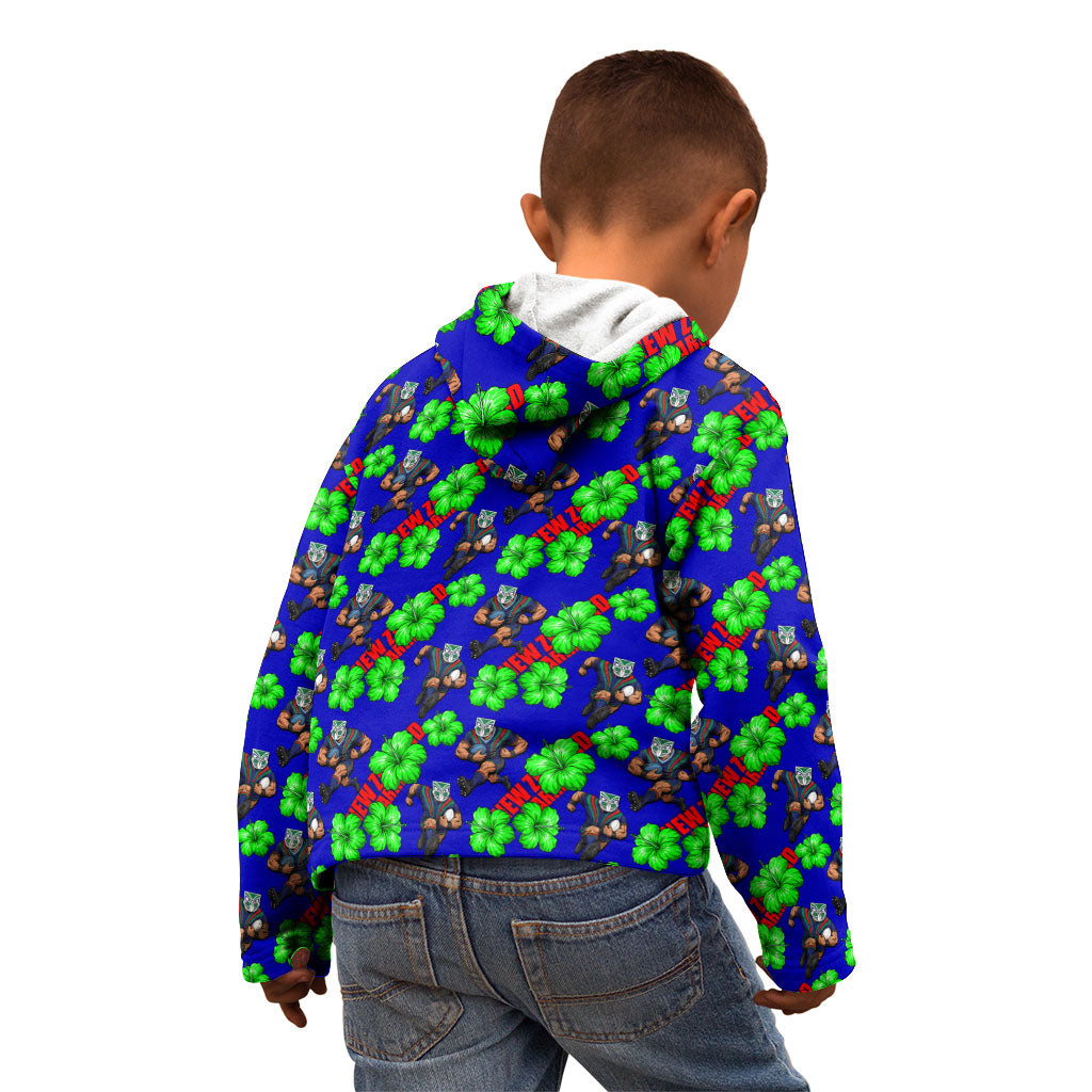 New Zealand Warriors Kid Hoodie Tropical Hibiscus Floral Seamless Rugby Mascot