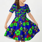 New Zealand Warriors Kid Short Sleeve Dress Tropical Hibiscus Floral Seamless Rugby Mascot