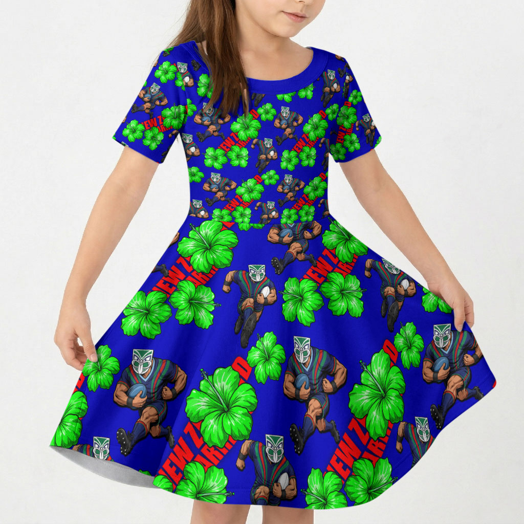 New Zealand Warriors Kid Short Sleeve Dress Tropical Hibiscus Floral Seamless Rugby Mascot