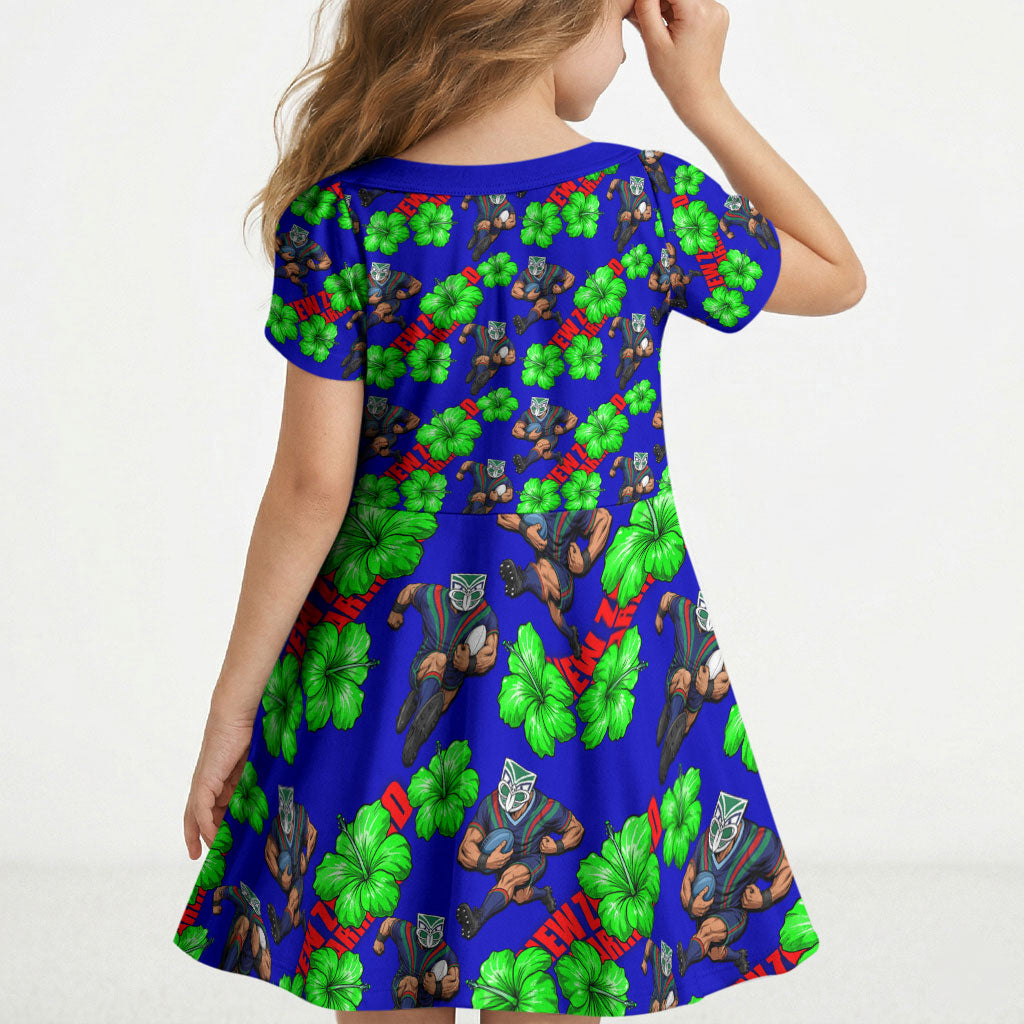 New Zealand Warriors Kid Short Sleeve Dress Tropical Hibiscus Floral Seamless Rugby Mascot