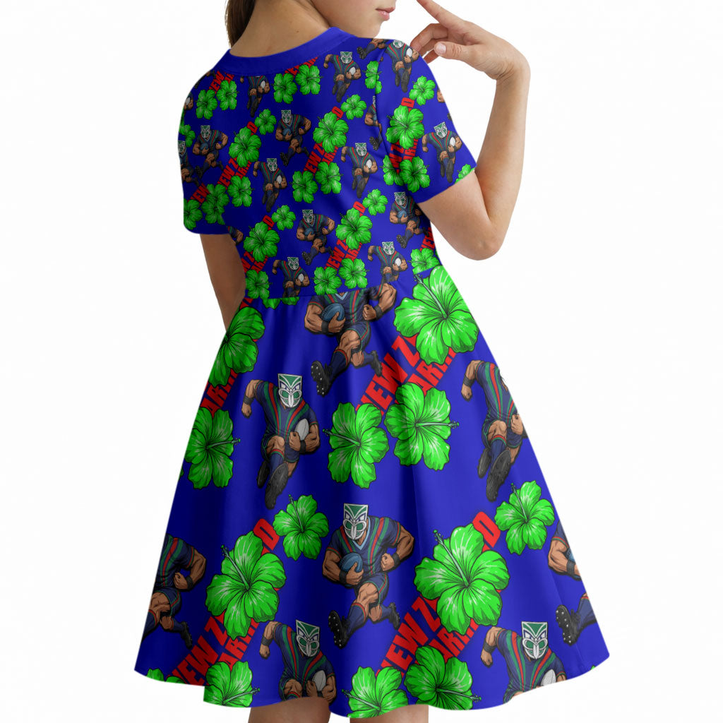 New Zealand Warriors Kid Short Sleeve Dress Tropical Hibiscus Floral Seamless Rugby Mascot