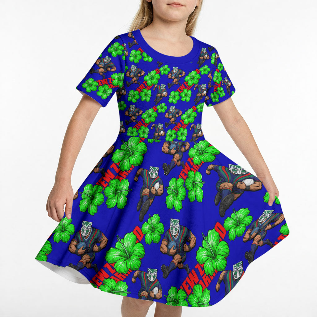 New Zealand Warriors Kid Short Sleeve Dress Tropical Hibiscus Floral Seamless Rugby Mascot