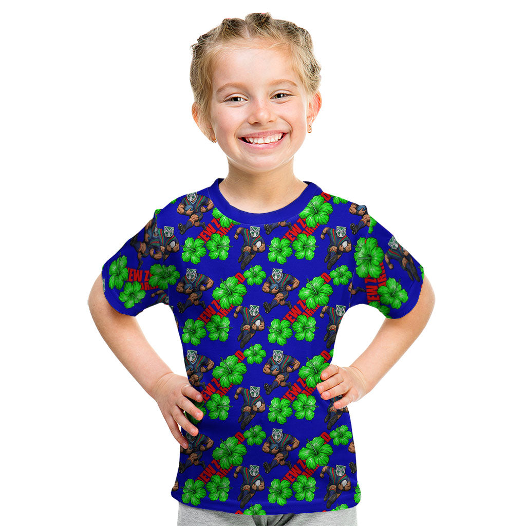 New Zealand Warriors Kid T Shirt Tropical Hibiscus Floral Seamless Rugby Mascot