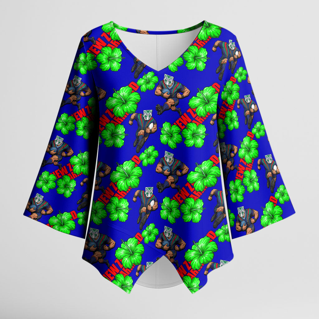 New Zealand Warriors Kimono Sleeve Blouse Tropical Hibiscus Floral Seamless Rugby Mascot