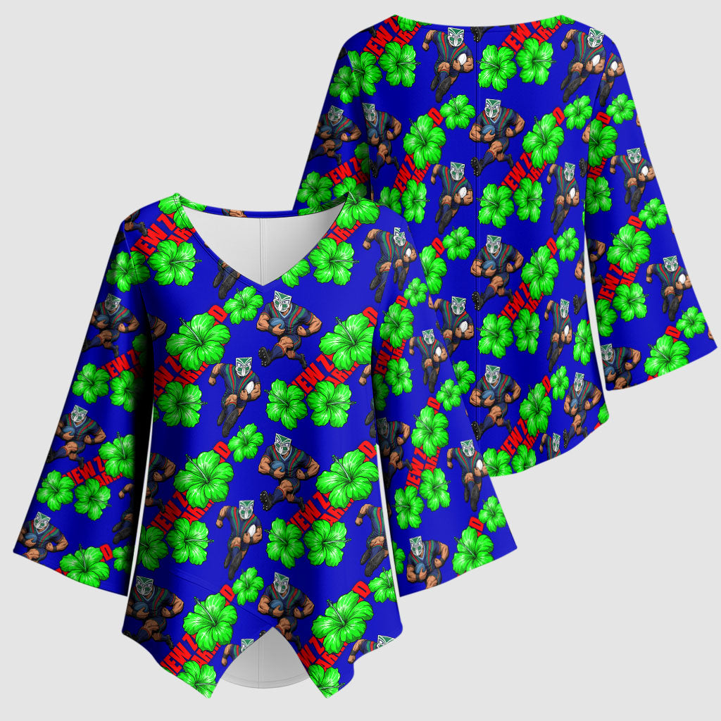New Zealand Warriors Kimono Sleeve Blouse Tropical Hibiscus Floral Seamless Rugby Mascot