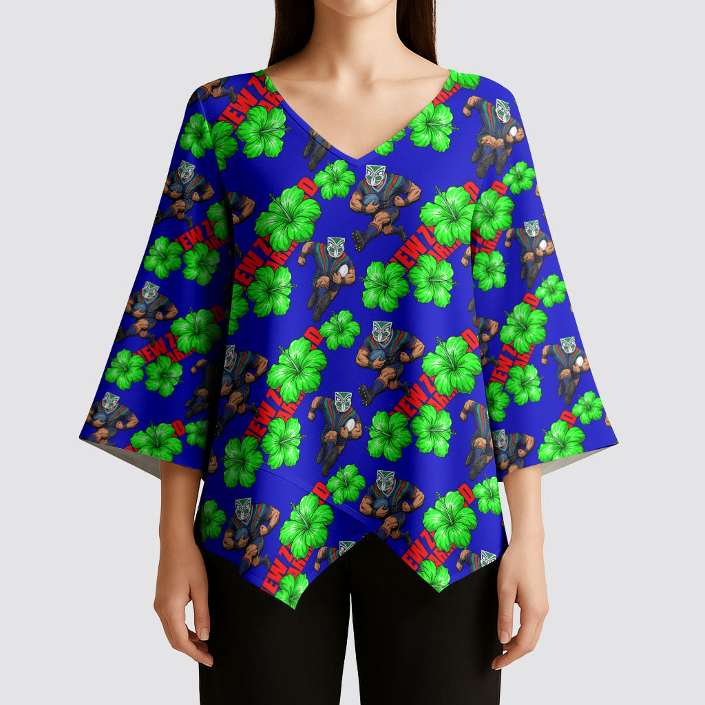 New Zealand Warriors Kimono Sleeve Blouse Tropical Hibiscus Floral Seamless Rugby Mascot