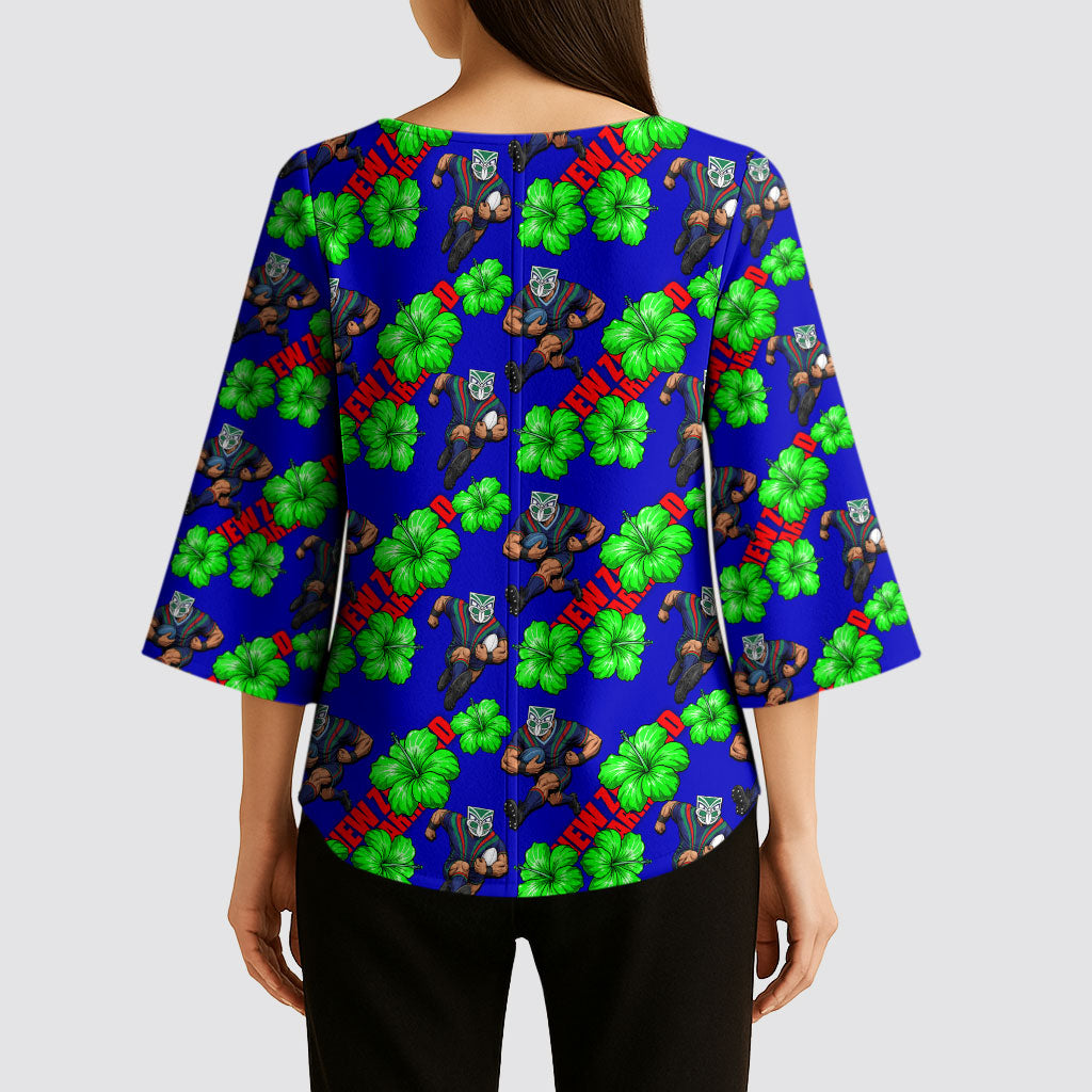 New Zealand Warriors Kimono Sleeve Blouse Tropical Hibiscus Floral Seamless Rugby Mascot