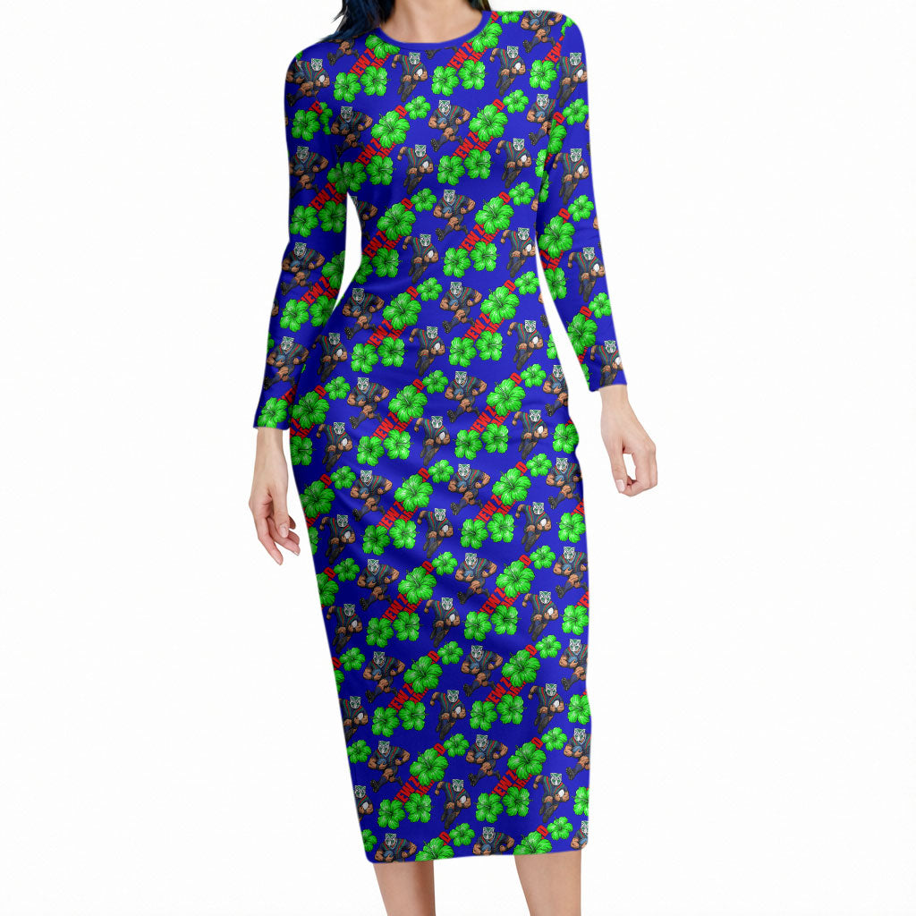 New Zealand Warriors Long Sleeve Bodycon Dress Tropical Hibiscus Floral Seamless Rugby Mascot