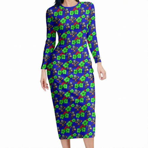 New Zealand Warriors Long Sleeve Bodycon Dress Tropical Hibiscus Floral Seamless Rugby Mascot