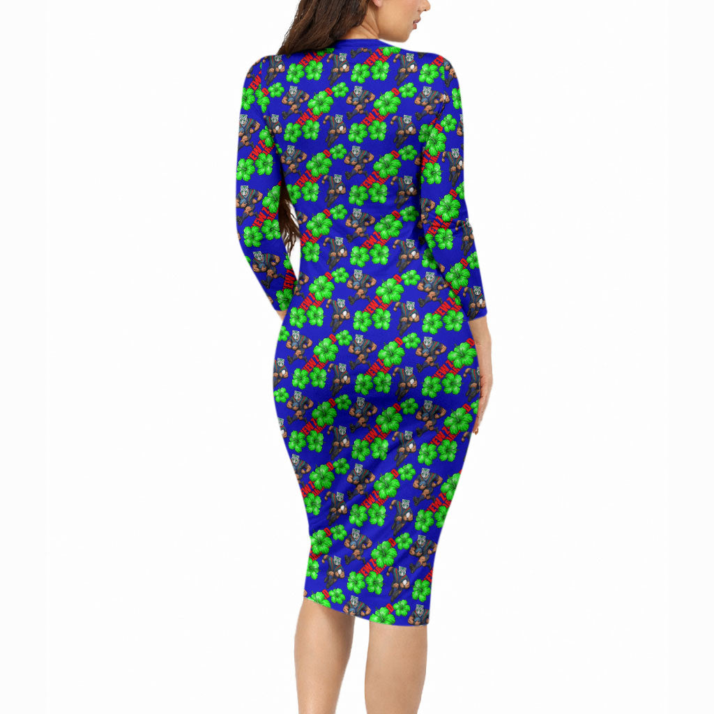 New Zealand Warriors Long Sleeve Bodycon Dress Tropical Hibiscus Floral Seamless Rugby Mascot