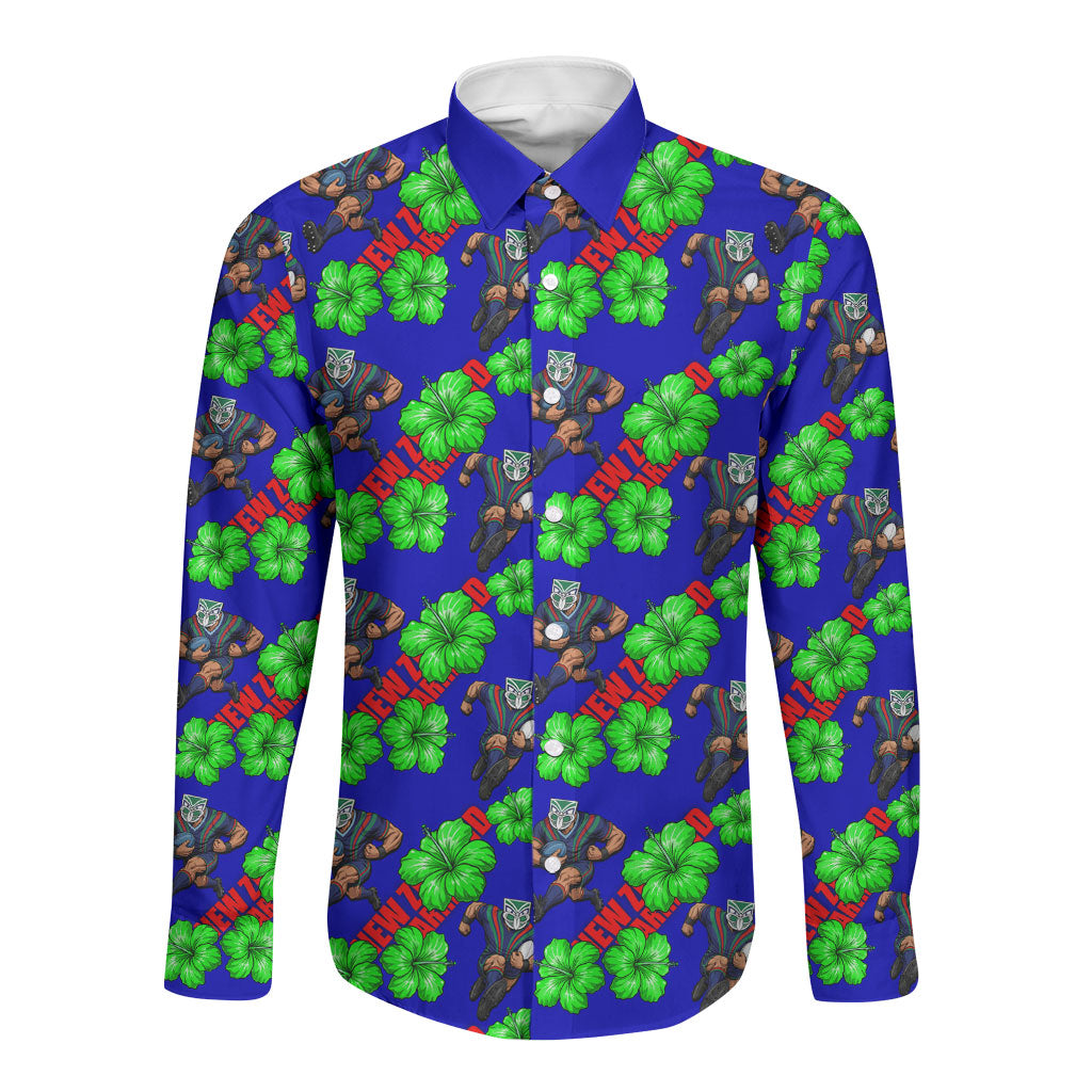 New Zealand Warriors Long Sleeve Button Shirt Tropical Hibiscus Floral Seamless Rugby Mascot
