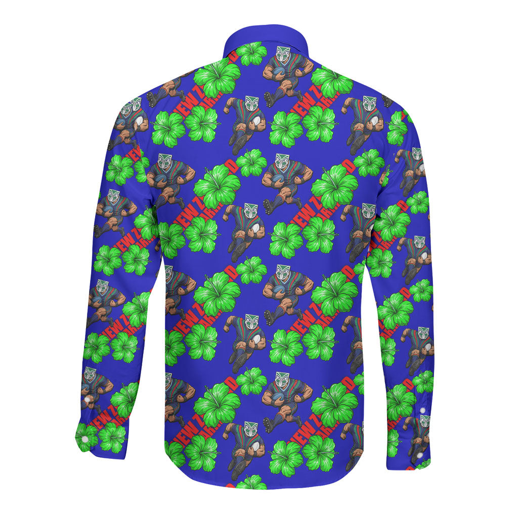 New Zealand Warriors Long Sleeve Button Shirt Tropical Hibiscus Floral Seamless Rugby Mascot