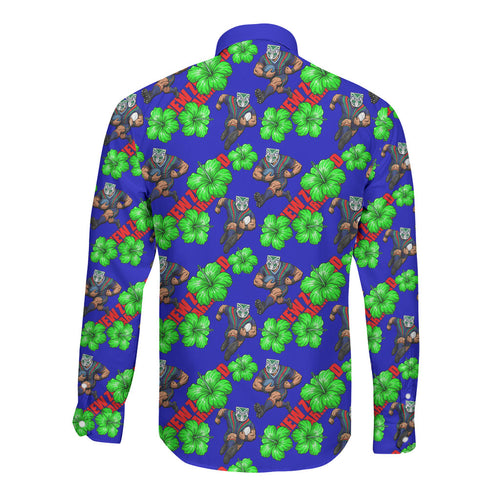 New Zealand Warriors Long Sleeve Button Shirt Tropical Hibiscus Floral Seamless Rugby Mascot