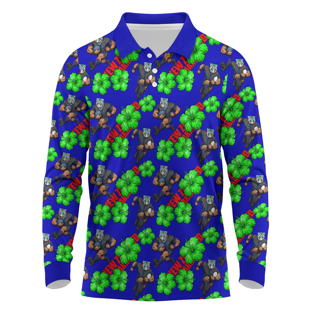 New Zealand Warriors Long Sleeve Polo Shirt Tropical Hibiscus Floral Seamless Rugby Mascot