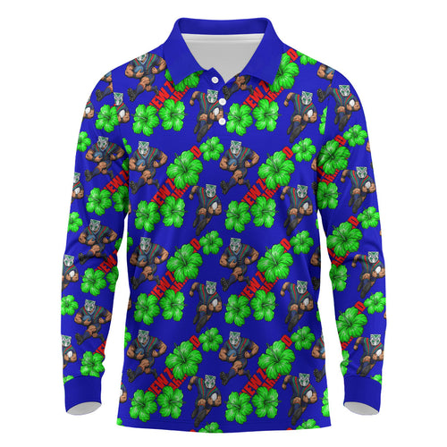 New Zealand Warriors Long Sleeve Polo Shirt Tropical Hibiscus Floral Seamless Rugby Mascot