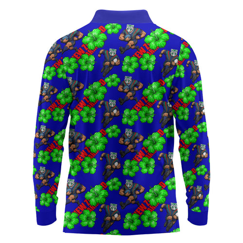 New Zealand Warriors Long Sleeve Polo Shirt Tropical Hibiscus Floral Seamless Rugby Mascot