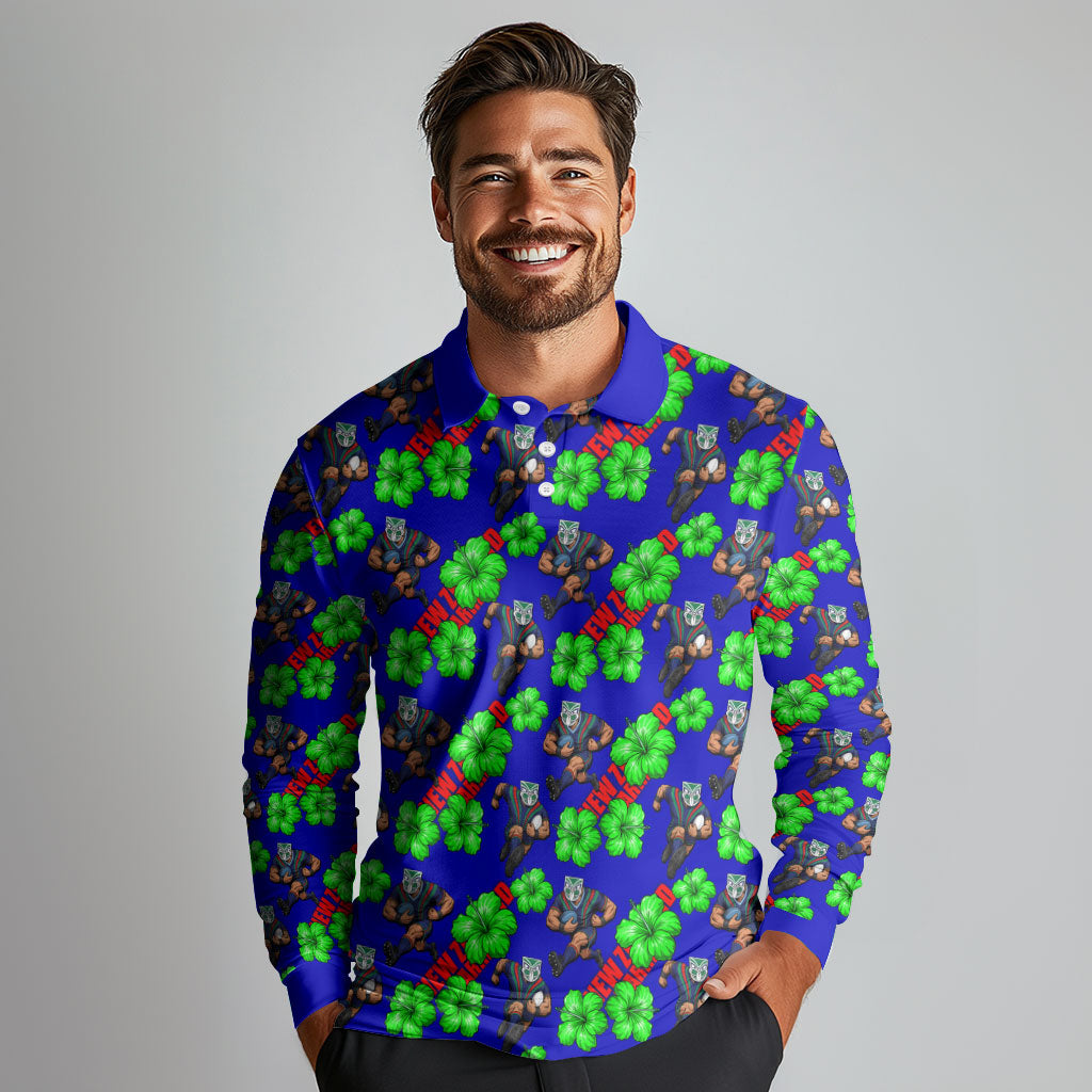 New Zealand Warriors Long Sleeve Polo Shirt Tropical Hibiscus Floral Seamless Rugby Mascot