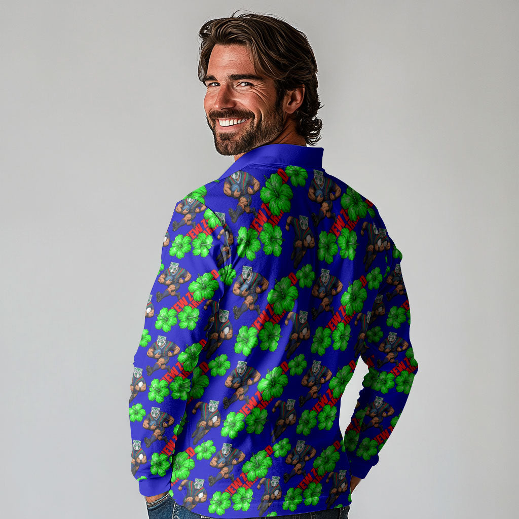 New Zealand Warriors Long Sleeve Polo Shirt Tropical Hibiscus Floral Seamless Rugby Mascot