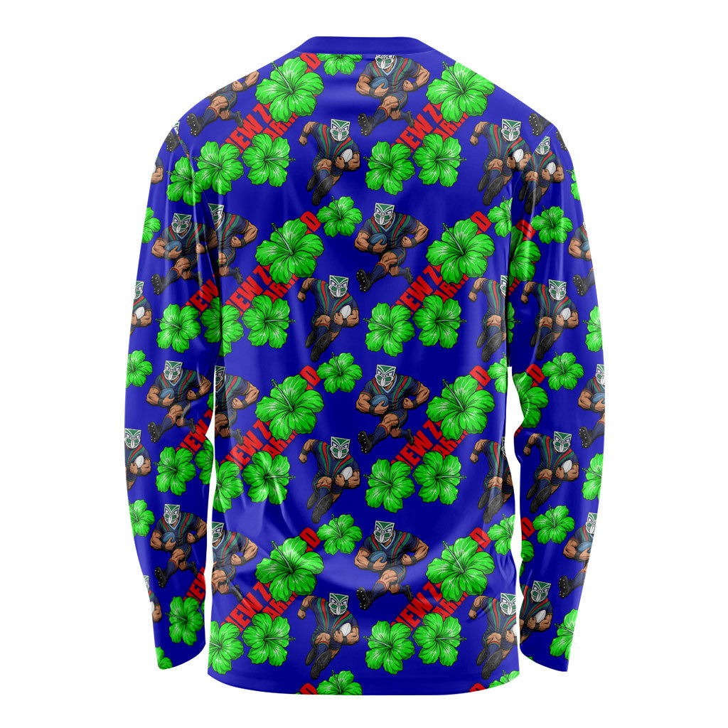 New Zealand Warriors Long Sleeve Shirt Tropical Hibiscus Floral Seamless Rugby Mascot