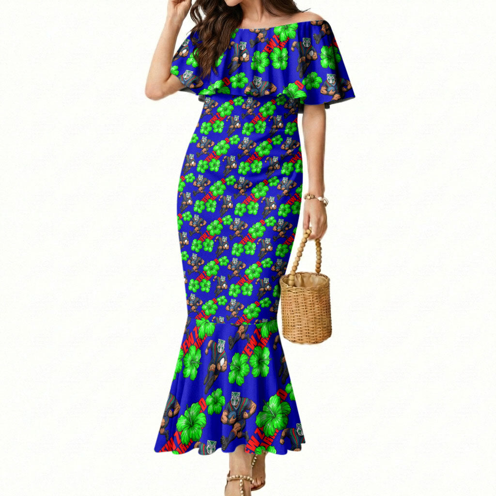 New Zealand Warriors Mermaid Dress Tropical Hibiscus Floral Seamless Rugby Mascot