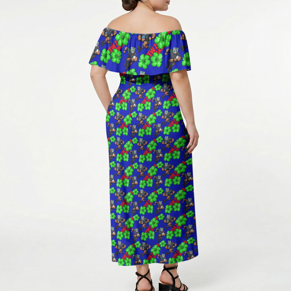 New Zealand Warriors Off Shoulder Maxi Dress Tropical Hibiscus Floral Seamless Rugby Mascot