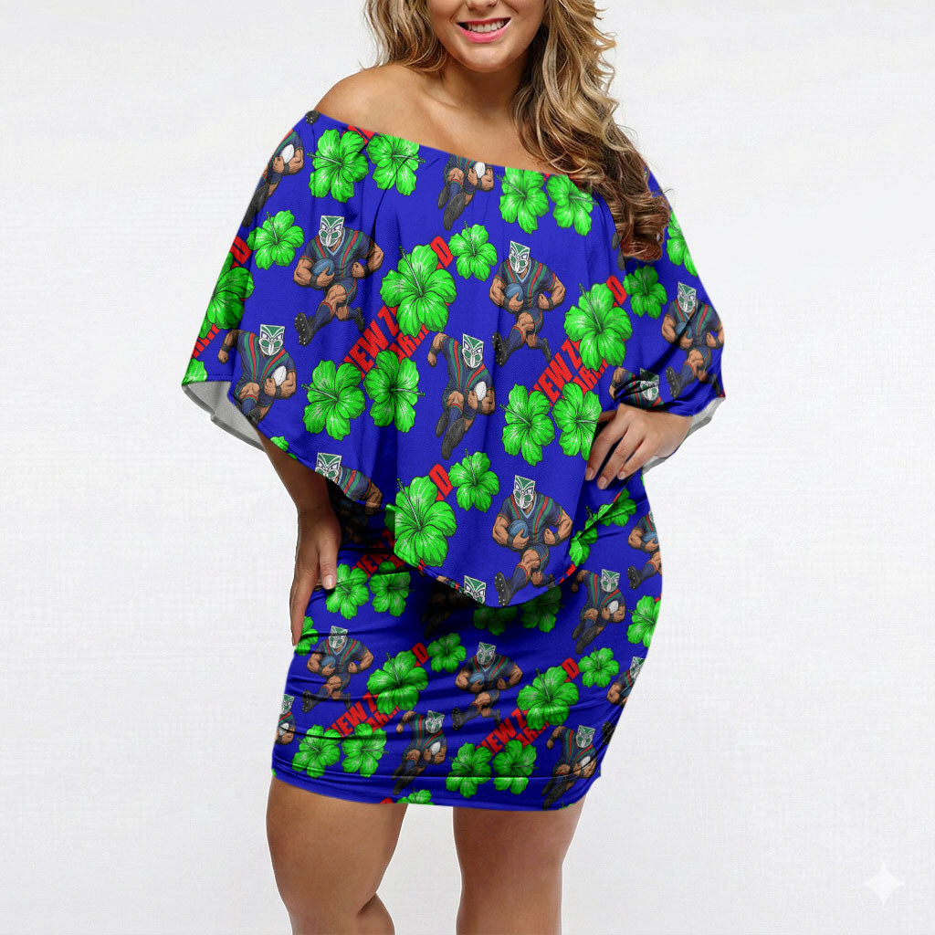 New Zealand Warriors Off Shoulder Short Dress Tropical Hibiscus Floral Seamless Rugby Mascot