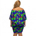 New Zealand Warriors Off Shoulder Short Dress Tropical Hibiscus Floral Seamless Rugby Mascot