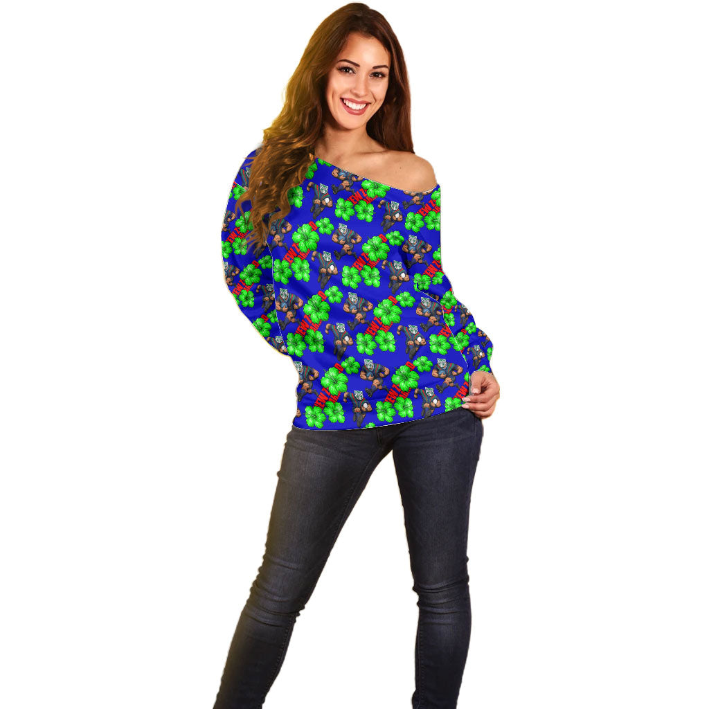 New Zealand Warriors Off Shoulder Sweater Tropical Hibiscus Floral Seamless Rugby Mascot