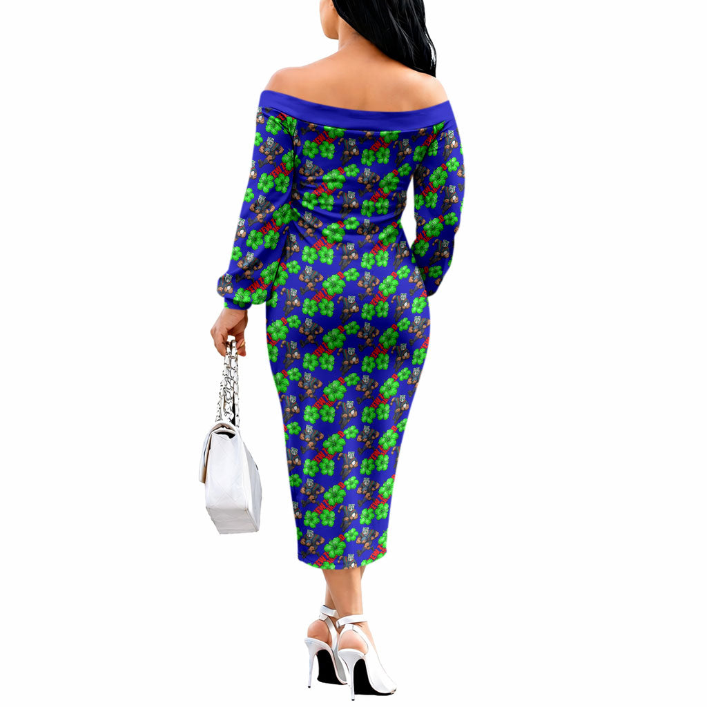 New Zealand Warriors Off The Shoulder Long Sleeve Dress Tropical Hibiscus Floral Seamless Rugby Mascot