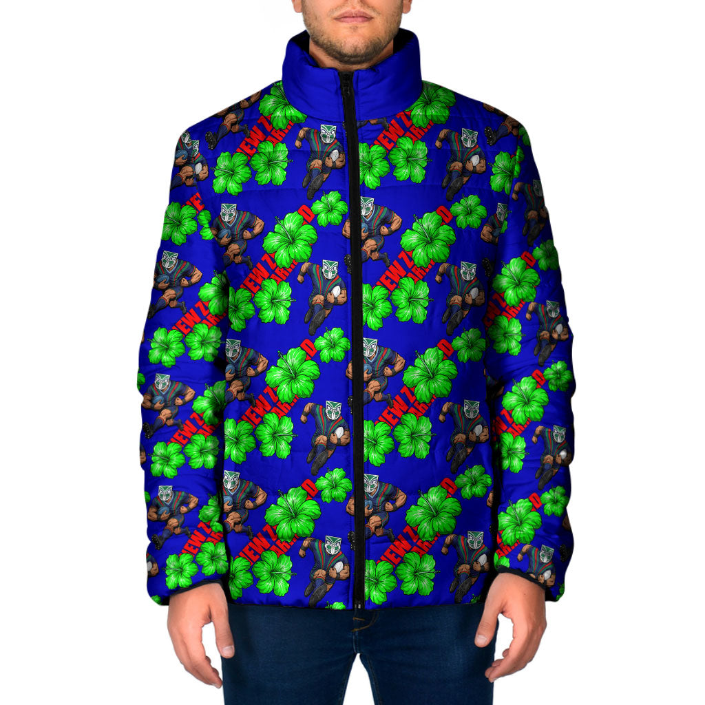 New Zealand Warriors Padded Jacket Tropical Hibiscus Floral Seamless Rugby Mascot