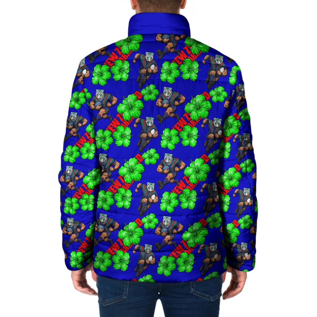 New Zealand Warriors Padded Jacket Tropical Hibiscus Floral Seamless Rugby Mascot
