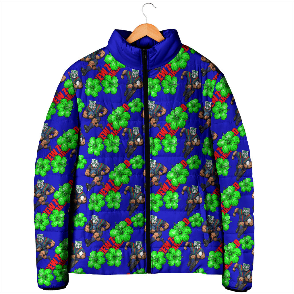 New Zealand Warriors Padded Jacket Tropical Hibiscus Floral Seamless Rugby Mascot