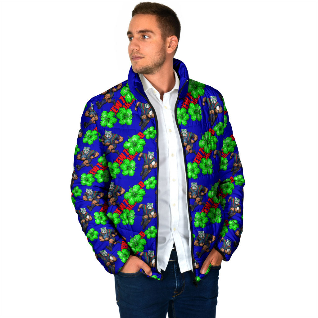 New Zealand Warriors Padded Jacket Tropical Hibiscus Floral Seamless Rugby Mascot