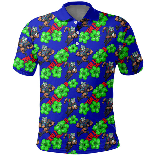 New Zealand Warriors Polo Shirt Tropical Hibiscus Floral Seamless Rugby Mascot