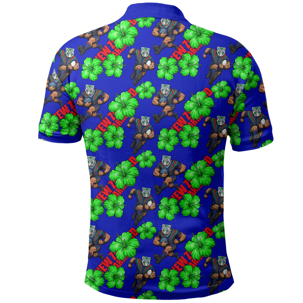New Zealand Warriors Polo Shirt Tropical Hibiscus Floral Seamless Rugby Mascot